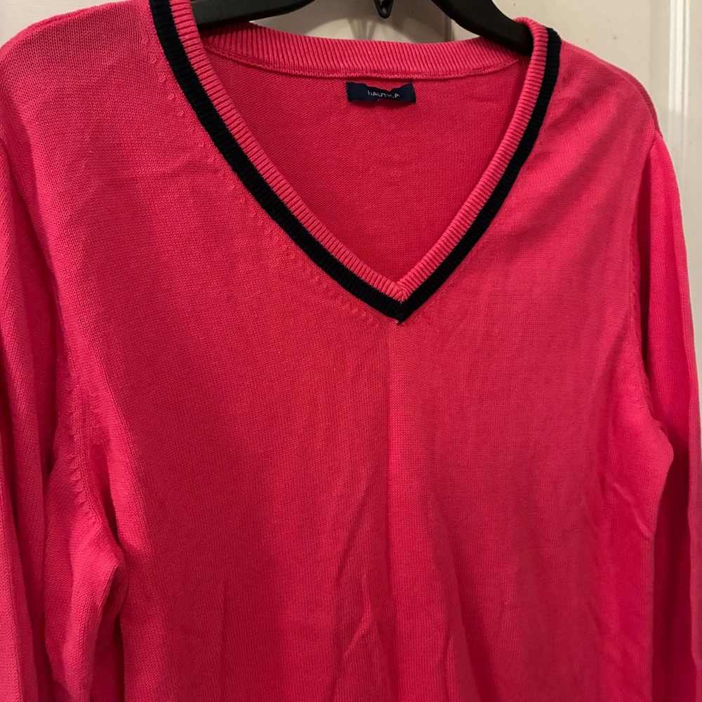 Nautica V-Neck Sweater Womens Size Large Long Sleeve Pink Pullover Top Classic